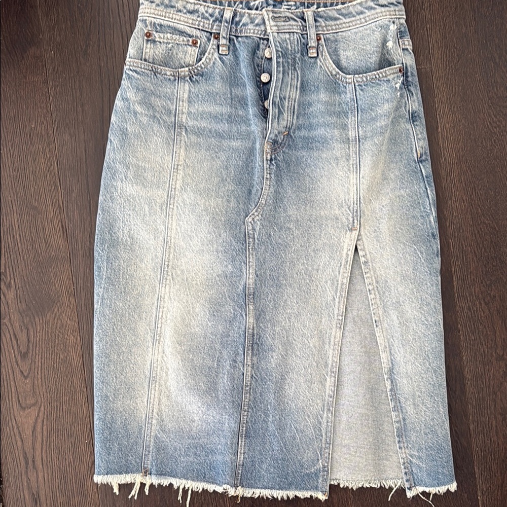 Light Blue Denim Free People Midi Skirt with Front Slit